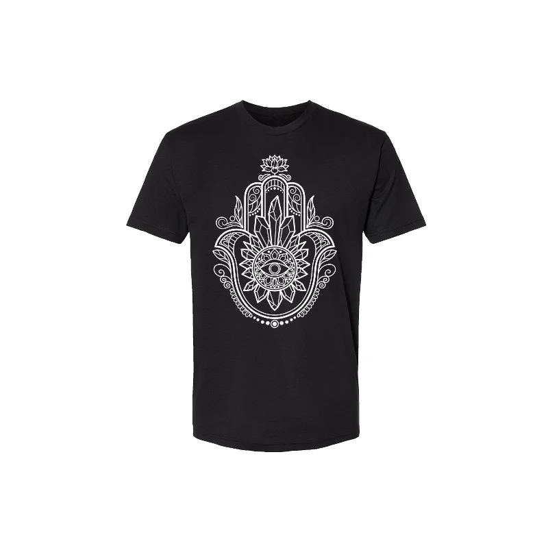 Crystal Hamsa black Unisex T-Shirt - Infused with Obsidian, Tigers Eye & Amethyst-- Notch Collar Peter Pan Collar Cowl Neck Crystal Hamsa black Unisex T-Shirt - Infused with Obsidian, Tigers Eye & Amethyst-- Notch Collar Peter Pan Collar Cowl Neck