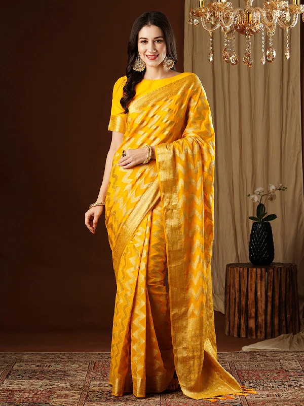 Women's Georgette Yellow Woven Design Designer Saree With Blouse Piece Asymmetric Hem Blouse Women's Georgette Yellow Woven Design Designer Saree With Blouse Piece Asymmetric Hem Blouse