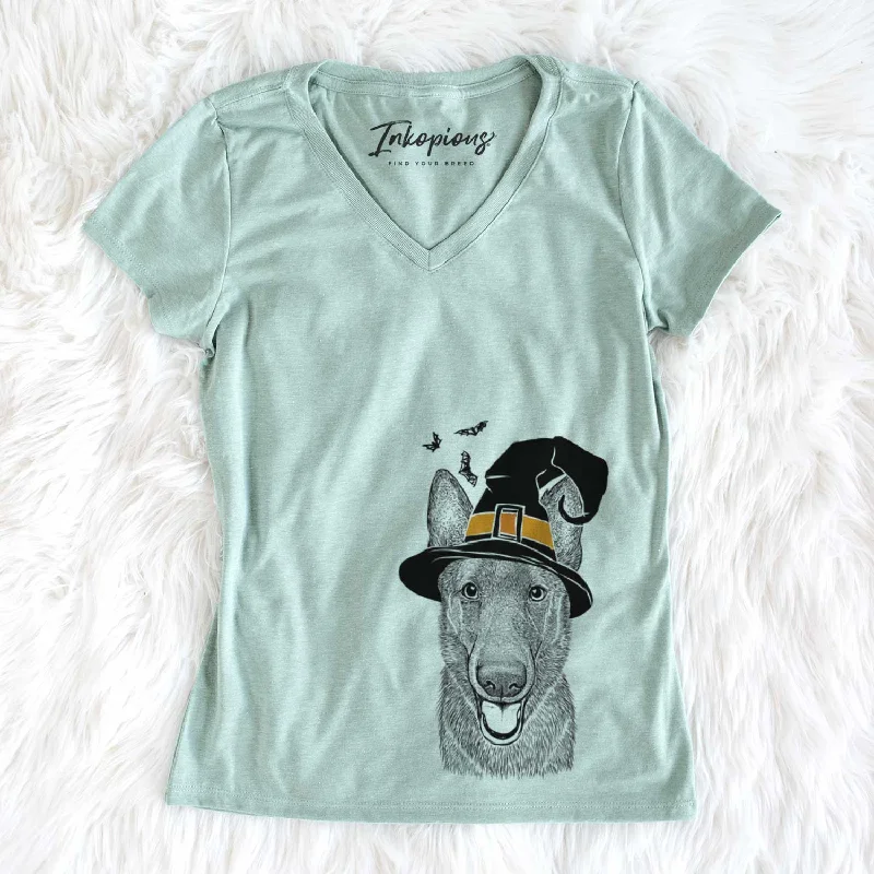 Witch Nyx the German Shepherd - Women's V-neck Shirt-- Ribbed Striped Patterned