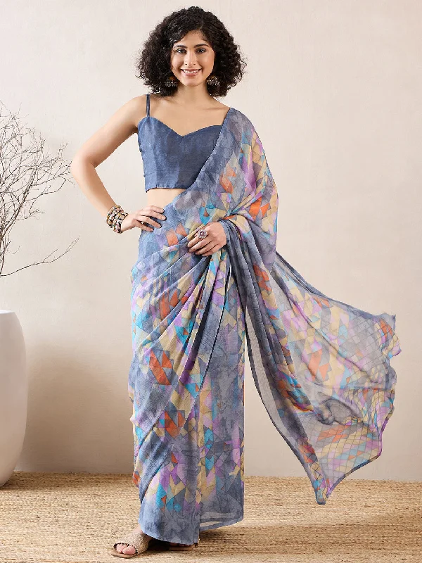 Women's Chiffon Grey Printed Designer Saree With Blouse Piece Puff Sleeve Blouse