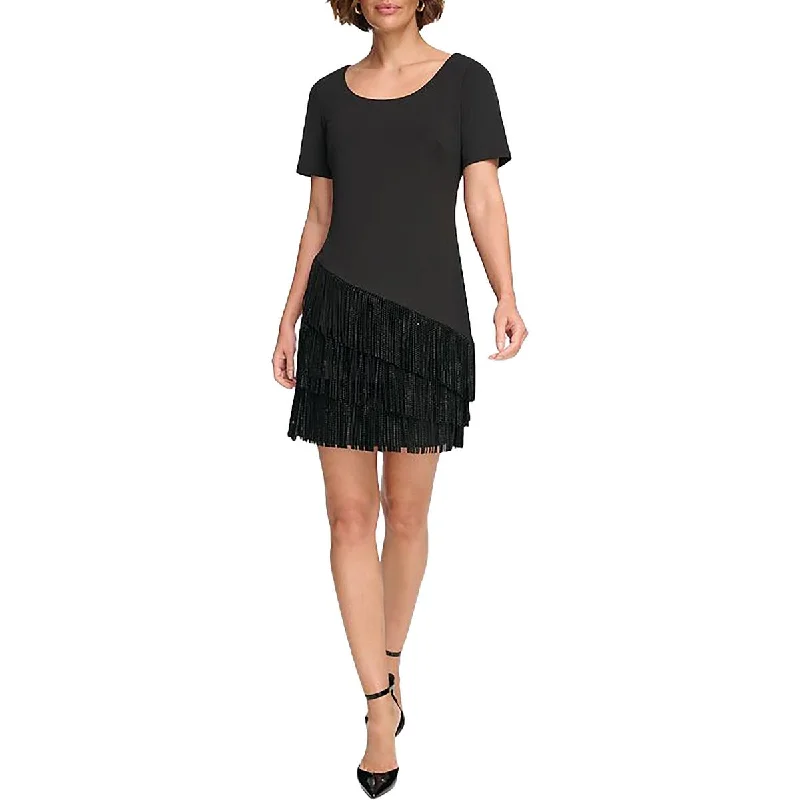 Womens Fringe Trim Mini Mini Dress Casual Mini Dress with Pockets