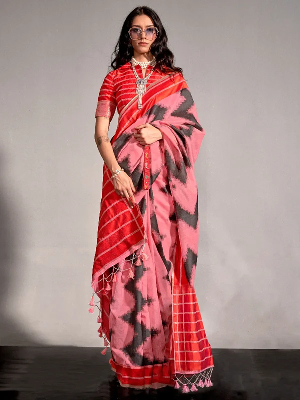 Women's Silk Blend Pink Woven Design Designer Saree With Blouse Piece Sheer Mesh Blouse