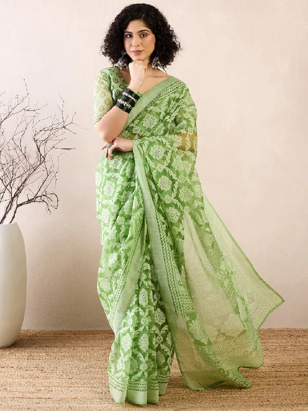 Women's Brasso Green Printed Ready to Wear With Blouse Piece Elegant Semi-Sheer Blouse Women's Brasso Green Printed Ready to Wear With Blouse Piece Elegant Semi-Sheer Blouse