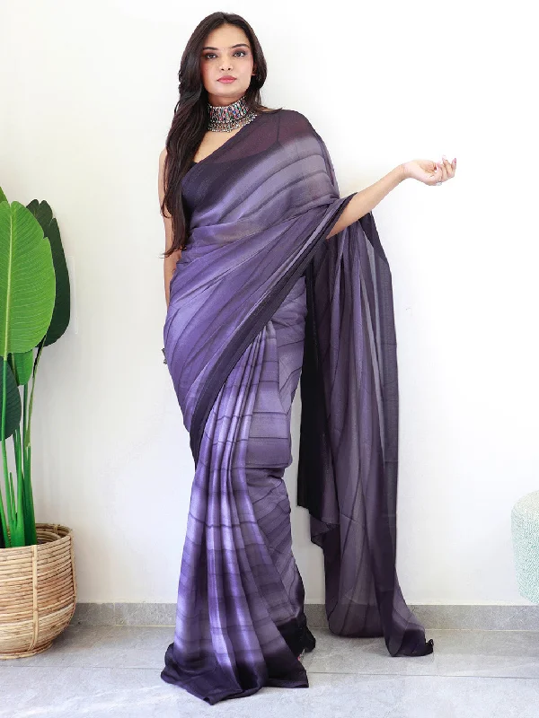 Women's Georgette Purple Printed Ready to Wear With Blouse Piece Double Button Blouse Women's Georgette Purple Printed Ready to Wear With Blouse Piece Double Button Blouse