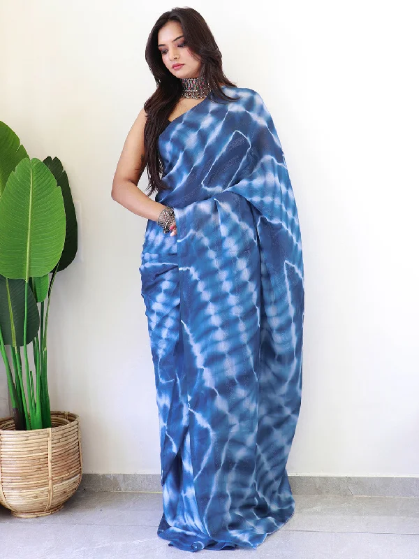 Women's Georgette Blue Printed Ready to Wear With Blouse Piece Delicate Pleat Blouse Women's Georgette Blue Printed Ready to Wear With Blouse Piece Delicate Pleat Blouse