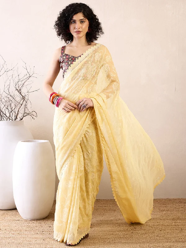 Women's Chiffon Yellow Embellished Ready to Wear With Blouse Piece Satin Bow Blouse