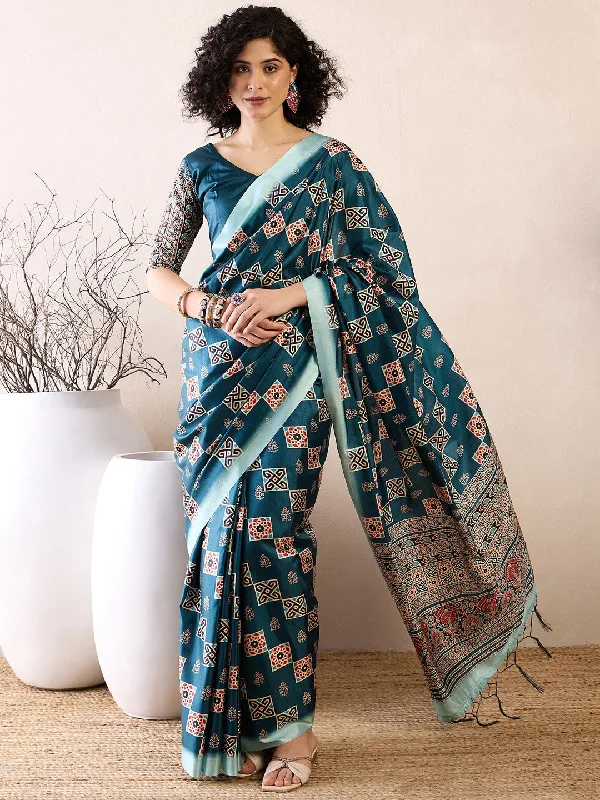 Women's Satin Silk Teal blue Printed Ready to Wear With Blouse Piece Elegant Embroidery Blouse Women's Satin Silk Teal blue Printed Ready to Wear With Blouse Piece Elegant Embroidery Blouse