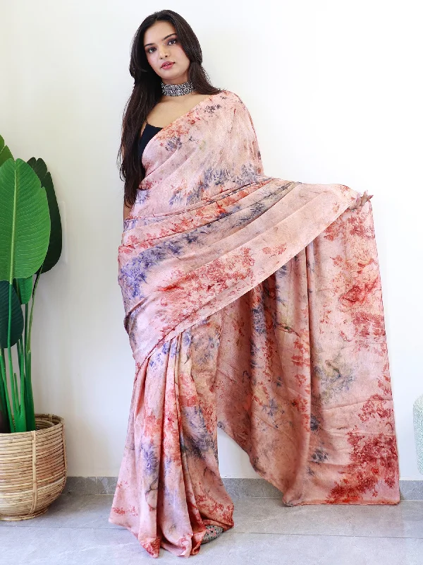 Women's Chiffon Peach Printed Ready to Wear With Blouse Piece Frilled Cuff Blouse