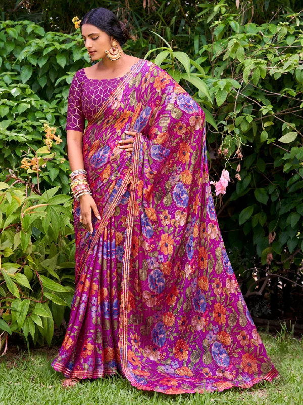 Women's Chiffon Magenta Embellished Designer Saree With Blouse Piece Soft Knit Blouse Women's Chiffon Magenta Embellished Designer Saree With Blouse Piece Soft Knit Blouse