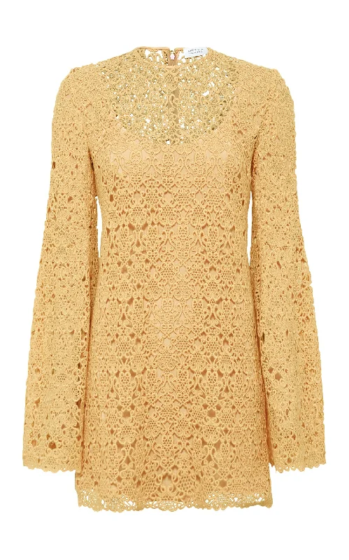 Archie Mini Dress with Lining in Gold Silk Macrame Lace Stylish Short Sleeve Mini Dress Archie Mini Dress with Lining in Gold Silk Macrame Lace Stylish Short Sleeve Mini Dress