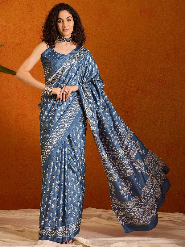Women's Cotton Blend Blue Printed Designer Saree With Blouse Piece Gathered Detail Blouse Women's Cotton Blend Blue Printed Designer Saree With Blouse Piece Gathered Detail Blouse