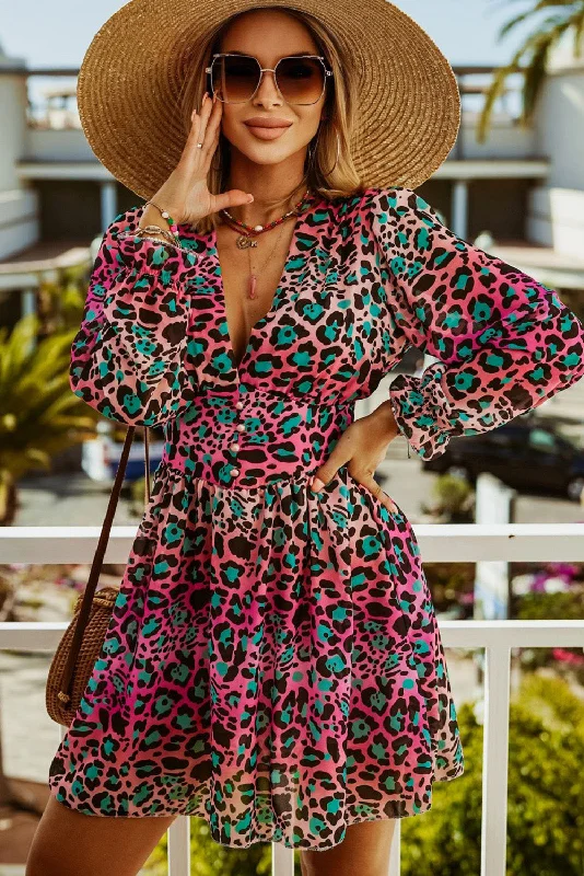 Leopard Flounce Sleeve Plunge Mini Dress Stylish Ribbed Mini Dress