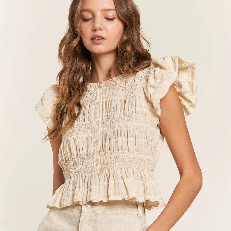 Textured Pouf Sleeve Blouse Feminine Tie Blouse