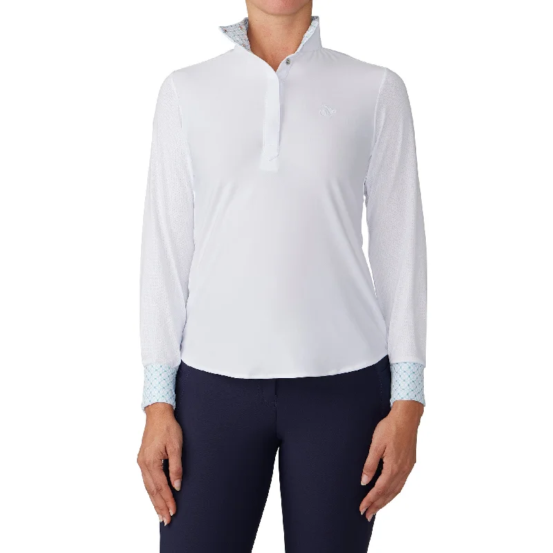 Women's Jorden II DX Long Sleeve Show Shirt - White/Geo-- Notch Collar Peter Pan Collar Cowl Neck