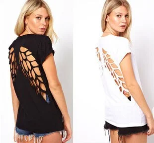 New summer hot fashion angel wings back laser hallow out cotton short sleeve tees tops t-shirts for women-- Zippered Buttoned Snapped New summer hot fashion angel wings back laser hallow out cotton short sleeve tees tops t-shirts for women-- Zippered Buttoned Snapped