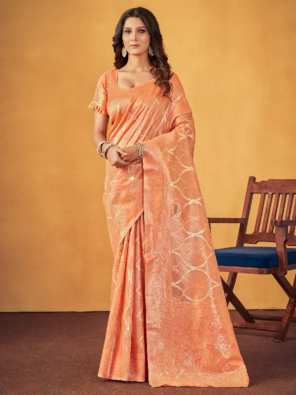 Women's Cotton Peach Woven Design Designer Saree With Blouse Piece Smart Casual Blouse Women's Cotton Peach Woven Design Designer Saree With Blouse Piece Smart Casual Blouse