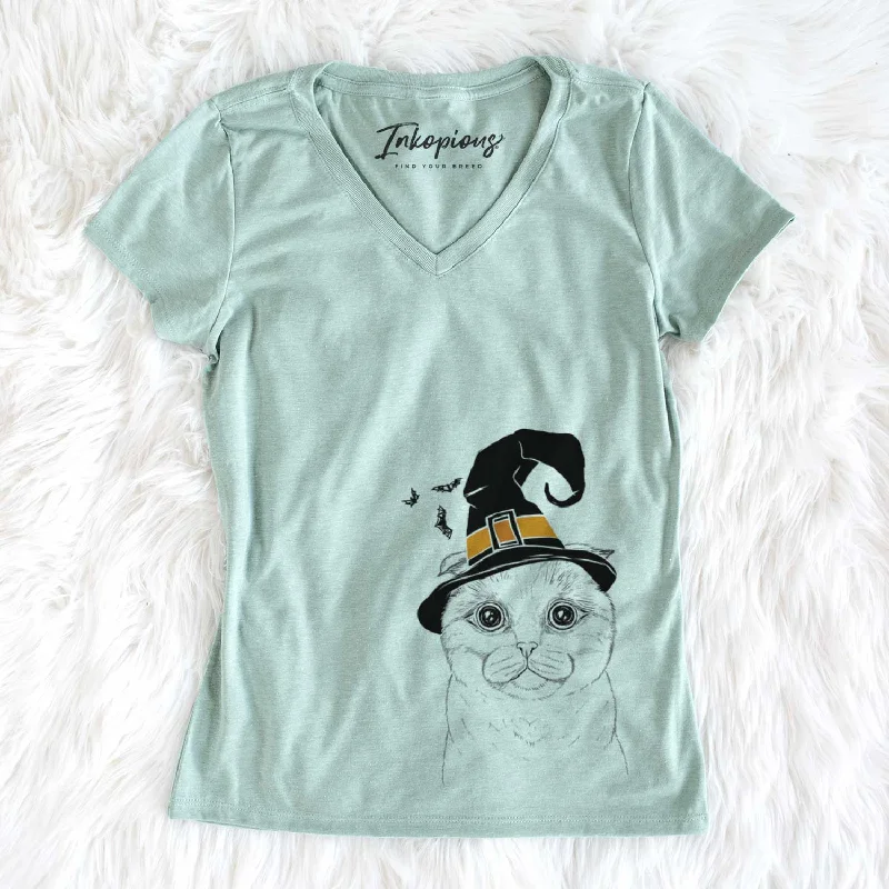 Witch Neko the Scottish Fold Cat - Women's V-neck Shirt-- Fitted T-Shirt Seamless Stretchy Witch Neko the Scottish Fold Cat - Women's V-neck Shirt-- Fitted T-Shirt Seamless Stretchy
