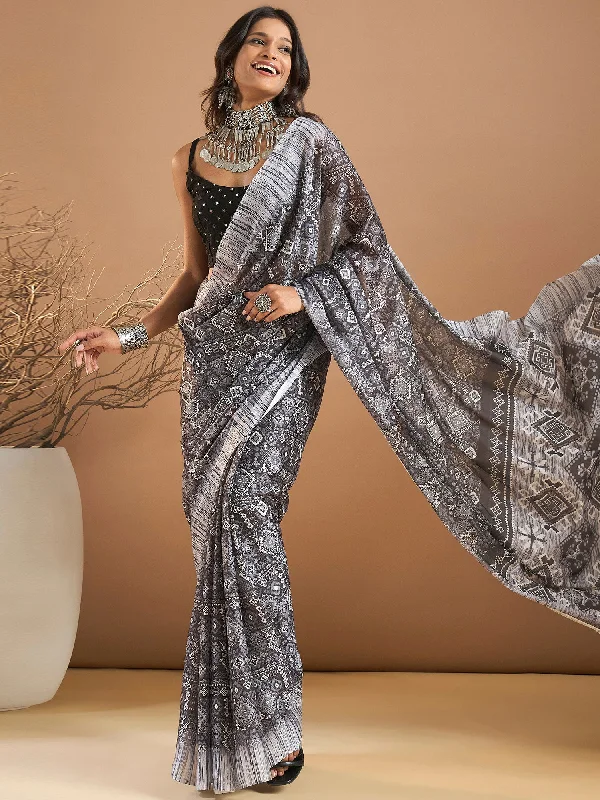 Women's Georgette Black Printed Designer Saree With Blouse Piece Short Sleeve Blouse Women's Georgette Black Printed Designer Saree With Blouse Piece Short Sleeve Blouse