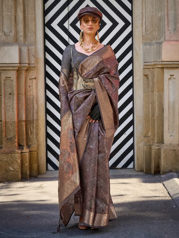Women's Organza Charcoal Grey Woven Design Designer Saree With Blouse Piece Playful Puff Blouse Women's Organza Charcoal Grey Woven Design Designer Saree With Blouse Piece Playful Puff Blouse