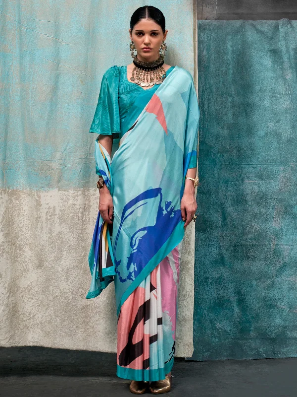 Women's Crepe Light Blue Printed Designer Saree With Blouse Piece Delicate Bow Blouse