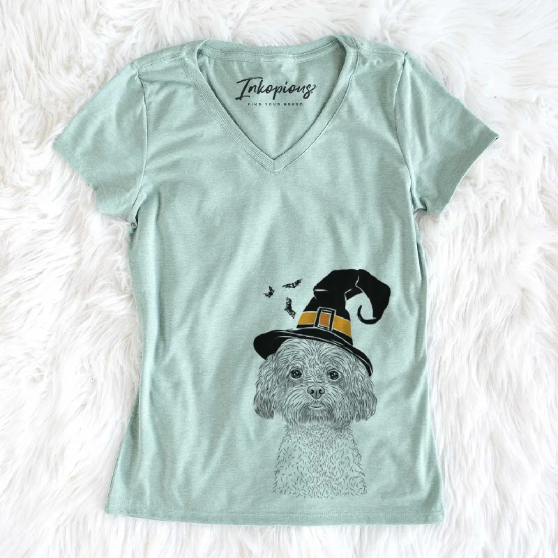 Witch Lane the Lhasa Apso - Women's V-neck Shirt-- Embroidered Appliqued Beaded