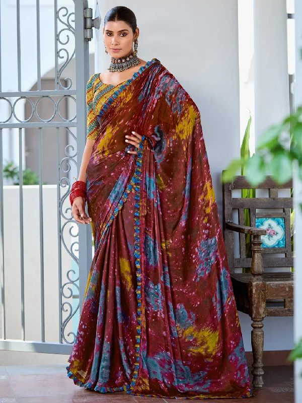 Women's Satin Silk Yellow Printed Designer Saree With Blouse Piece High Neck Blouse