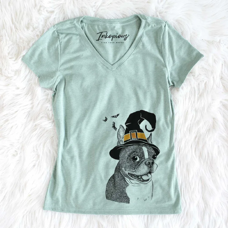 Witch Ralphie the Boston Terrier - Women's V-neck Shirt-- Solid Print Embellished