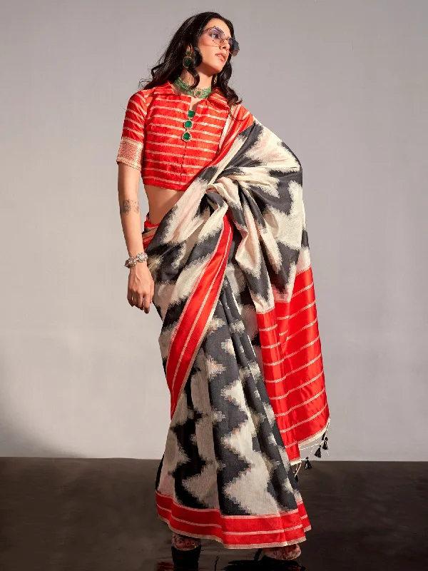 Women's Silk Blend Cream Woven Design Designer Saree With Blouse Piece Pastel Color Blouse