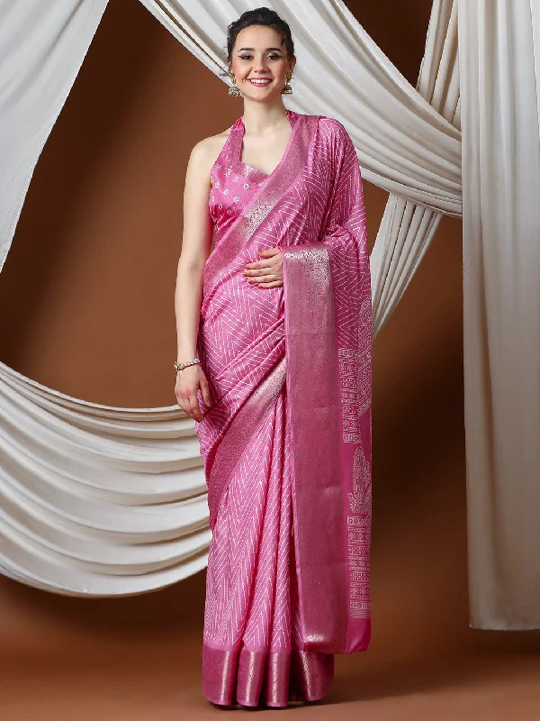 Women's Silk Blend Pink Printed Designer Saree With Blouse Piece Textured Cotton Blouse Women's Silk Blend Pink Printed Designer Saree With Blouse Piece Textured Cotton Blouse