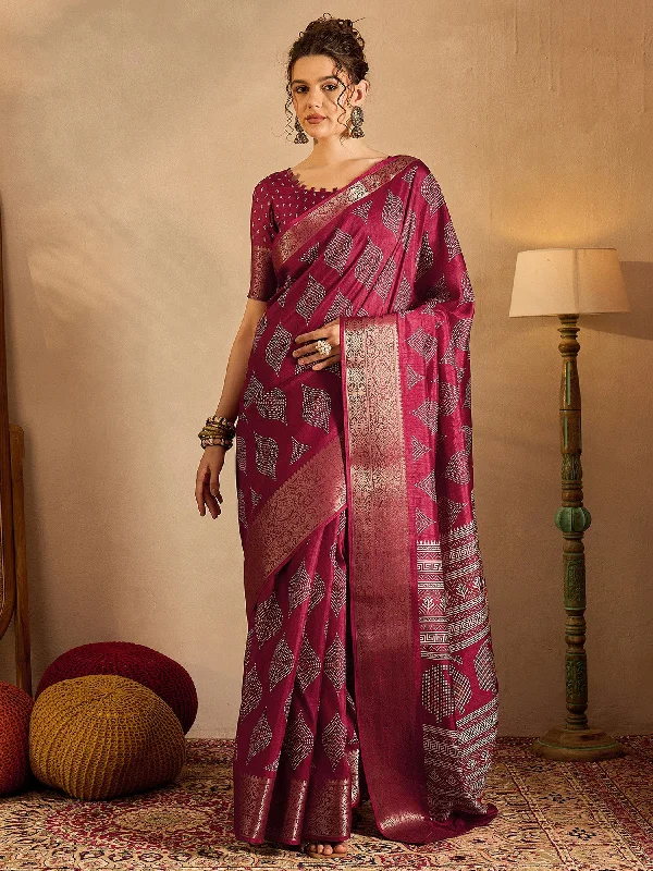 Women's Silk Blend Magenta Printed Designer Saree With Blouse Piece Cotton Casual Blouse Women's Silk Blend Magenta Printed Designer Saree With Blouse Piece Cotton Casual Blouse