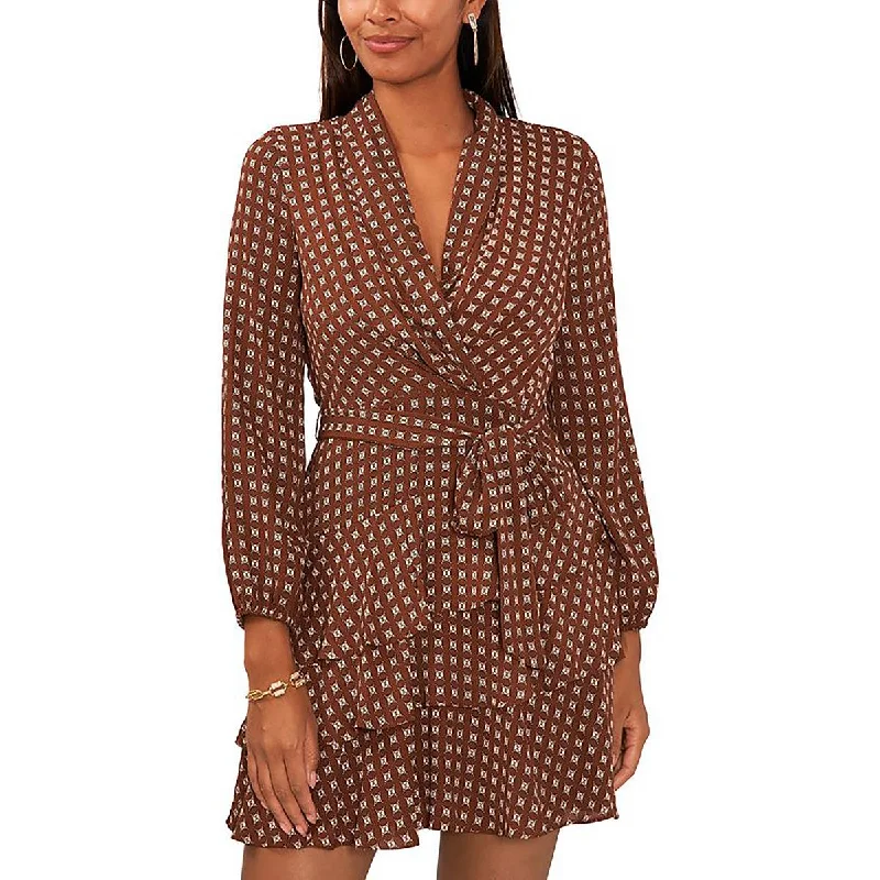 Womens Printed Shawl-Collar Mini Dress Chic Sleeveless Mini Dress