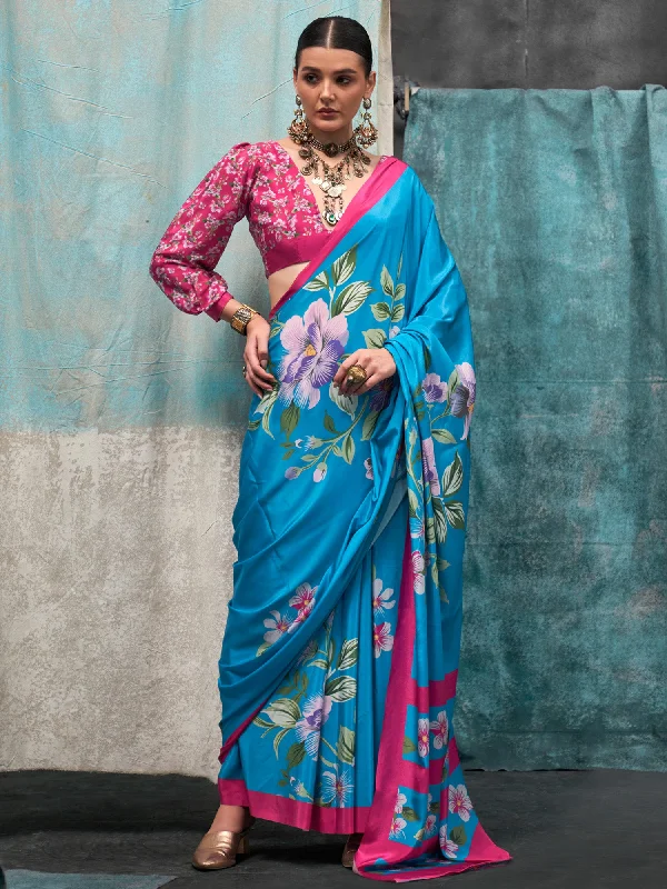 Women's Crepe Light Blue Printed Designer Saree With Blouse Piece Chic Off-Shoulder Blouse