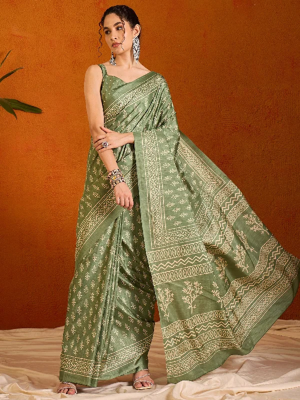 Women's Cotton Blend Olive Printed Designer Saree With Blouse Piece Sleeveless Chiffon Blouse Women's Cotton Blend Olive Printed Designer Saree With Blouse Piece Sleeveless Chiffon Blouse