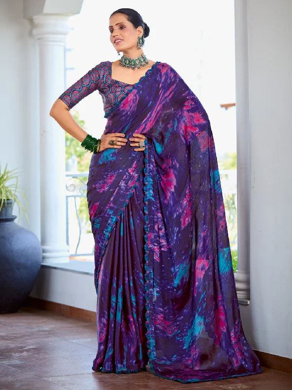 Women's Satin Silk Navy Blue Printed Designer Saree With Blouse Piece Semi-Sheer Blouse Women's Satin Silk Navy Blue Printed Designer Saree With Blouse Piece Semi-Sheer Blouse