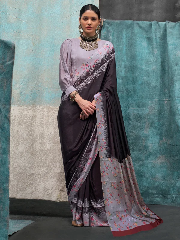 Women's Crepe Black Printed Designer Saree With Blouse Piece Classic Striped Blouse