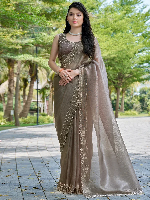 Women's Organza Brown Embellished Designer Saree With Blouse Piece Casual Stripe Blouse Women's Organza Brown Embellished Designer Saree With Blouse Piece Casual Stripe Blouse