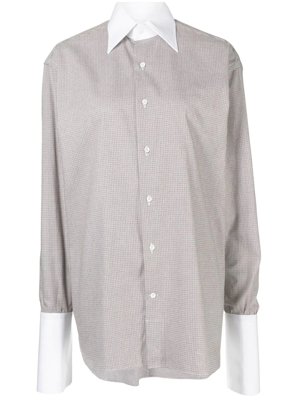 SIGNATURE BUTTON UP IN BEIGE CHECK SHIRT BEI-- Satin Blend Silk Blend Wool Blend