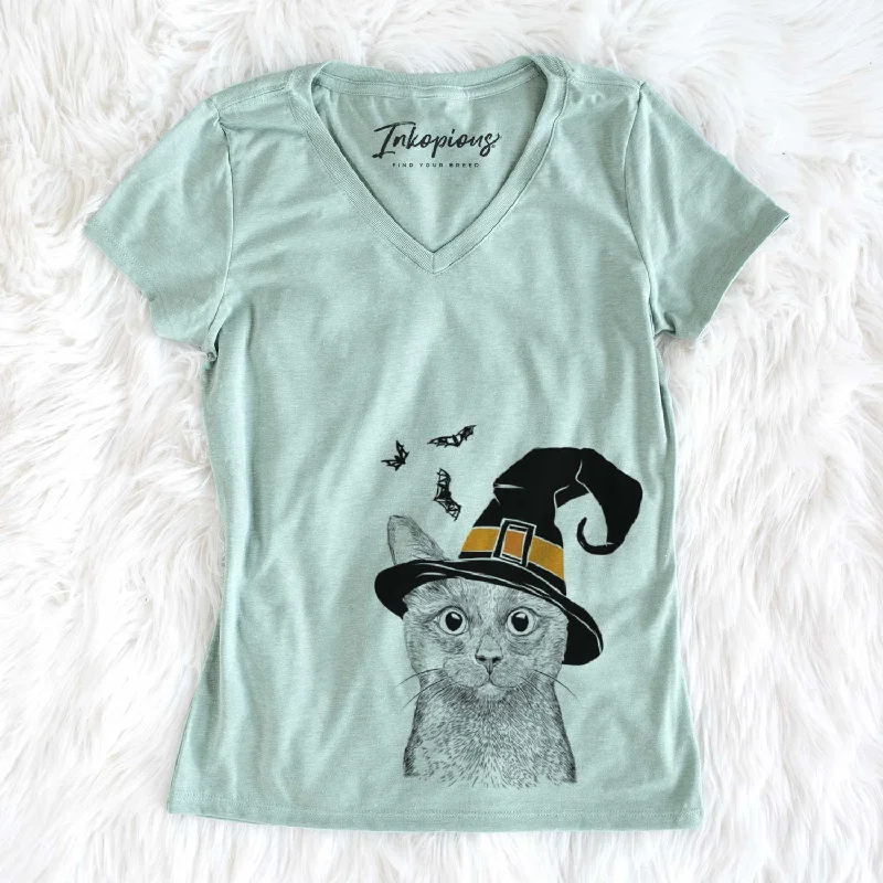 Witch Shadow the Black Cat - Women's V-neck Shirt-- Polka Dot Checkered Tartan