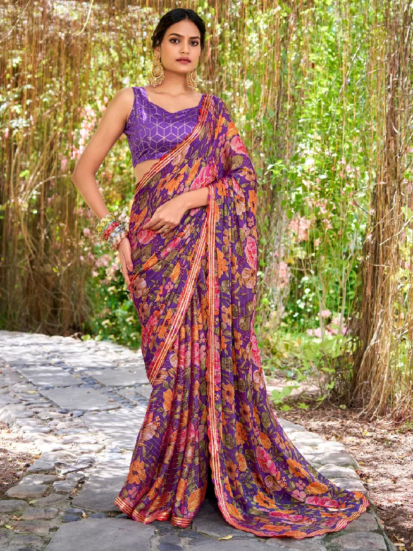 Women's Chiffon Purple Embellished Designer Saree With Blouse Piece Embroidered Cotton Blouse Women's Chiffon Purple Embellished Designer Saree With Blouse Piece Embroidered Cotton Blouse