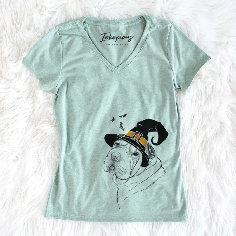 Witch Maximus the Shar Pei - Women's V-neck Shirt-- Nylon Fabric Polyester Fabric Spandex Fabric Witch Maximus the Shar Pei - Women's V-neck Shirt-- Nylon Fabric Polyester Fabric Spandex Fabric