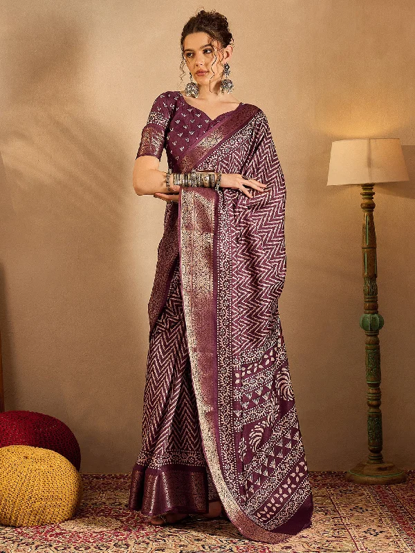 Women's Silk Blend Burgundy Printed Designer Saree With Blouse Piece Feminine Tie Blouse Women's Silk Blend Burgundy Printed Designer Saree With Blouse Piece Feminine Tie Blouse