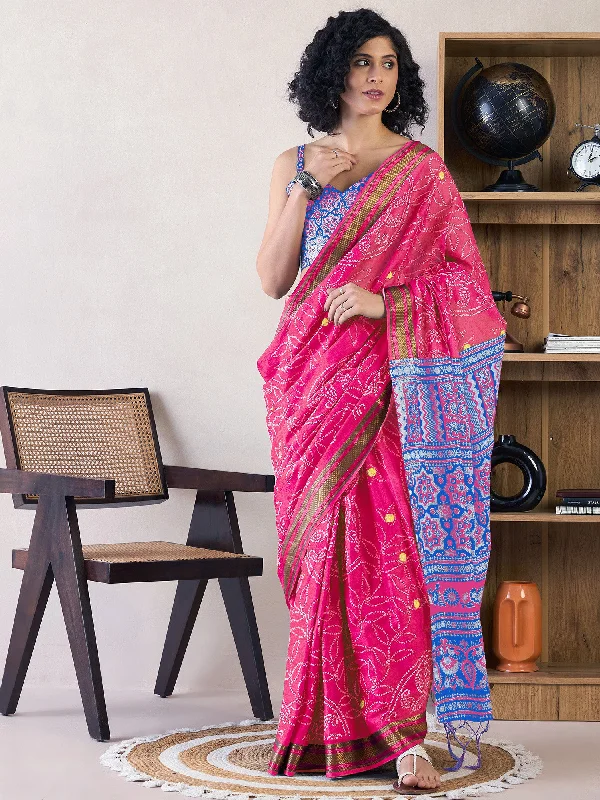 Women's Cotton Pink Printed Ready to Wear With Blouse Piece Peter Pan Blouse