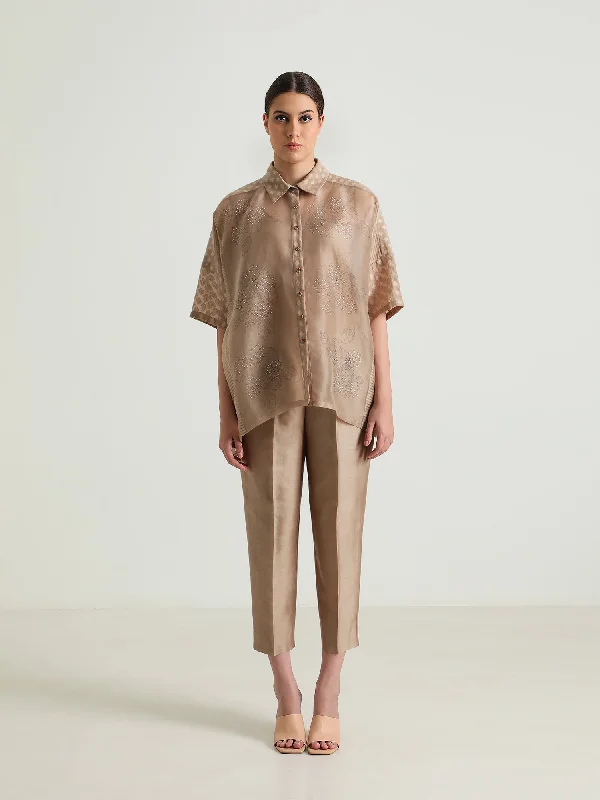 Beige Organza Lace Shirt And Silk Chanderi Pant-- Satin Fabric Silk Fabric Chiffon Fabric