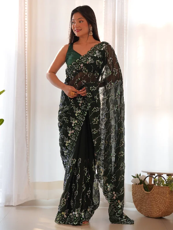 Women's Georgette Green Embellished Designer Saree With Blouse Piece Soft Satin Blouse Women's Georgette Green Embellished Designer Saree With Blouse Piece Soft Satin Blouse
