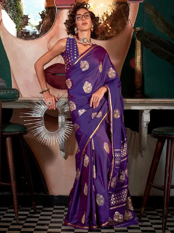 Women's Satin Silk Purple Woven Design Designer Saree With Blouse Piece Wrap Front Blouse Women's Satin Silk Purple Woven Design Designer Saree With Blouse Piece Wrap Front Blouse
