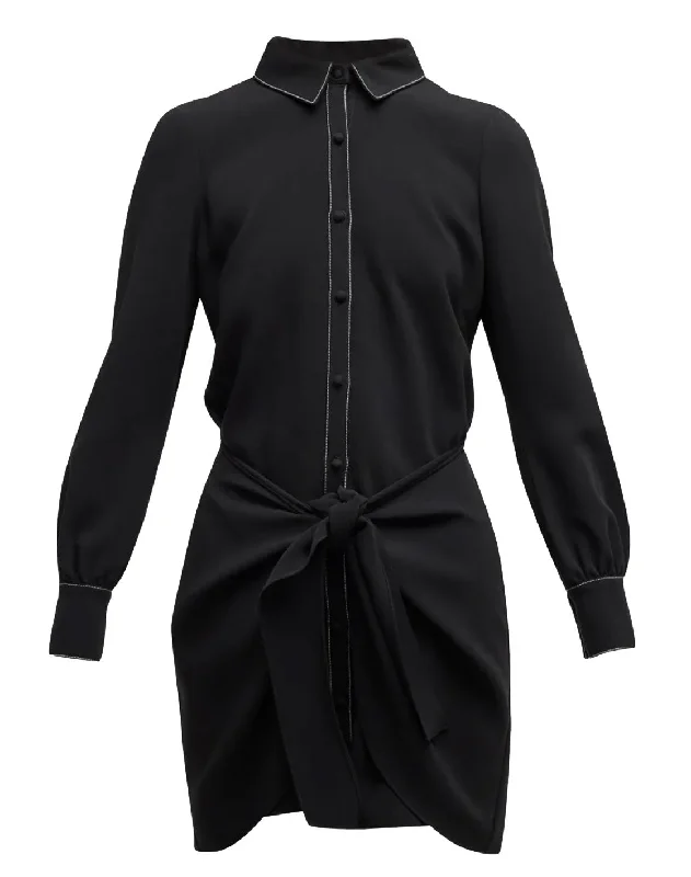 Cinq A Sept Gaby Tie-Waist Topstitched Solid Black Crepe Mini Dress, 2 Stylish Short-Sleeve Mini Dress