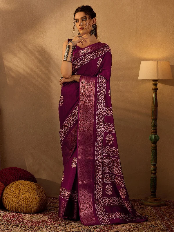 Women's Silk Blend Magenta Printed Designer Saree With Blouse Piece Stylish Wrap Blouse Women's Silk Blend Magenta Printed Designer Saree With Blouse Piece Stylish Wrap Blouse