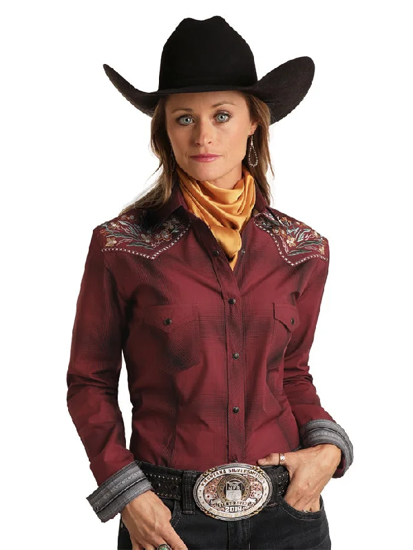 Panhandle R4S1219 Womens Long Sleeve Floral Yoke Embroidery Shirts Ombre Plaid-- Rayon Velvet Corduroy Panhandle R4S1219 Womens Long Sleeve Floral Yoke Embroidery Shirts Ombre Plaid-- Rayon Velvet Corduroy