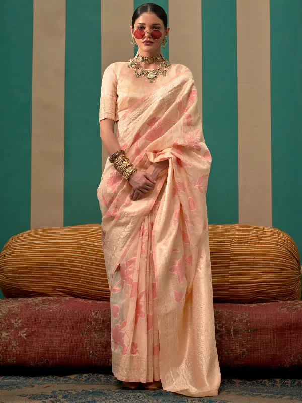 Women's Linen Cream Woven Design Designer Saree With Blouse Piece Double-Layered Blouse Women's Linen Cream Woven Design Designer Saree With Blouse Piece Double-Layered Blouse