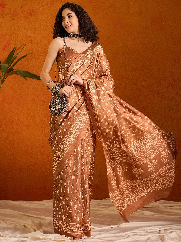 Women's Cotton Blend Brown Printed Designer Saree With Blouse Piece Silky Tunic Blouse Women's Cotton Blend Brown Printed Designer Saree With Blouse Piece Silky Tunic Blouse